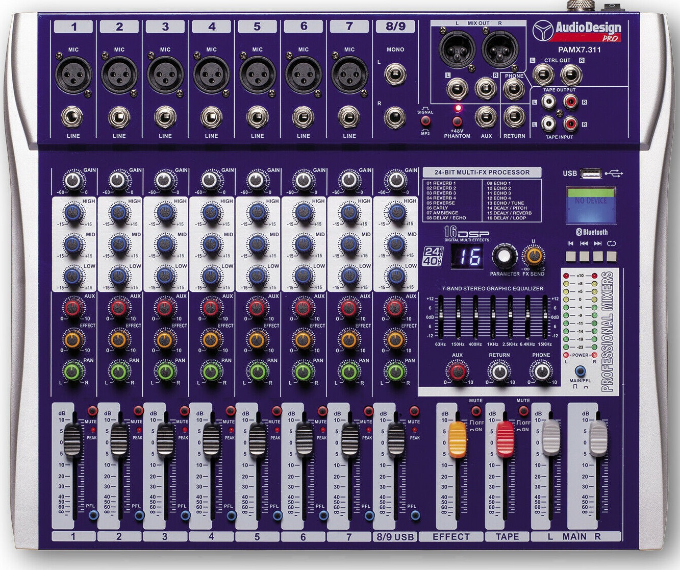 AudioDesign Pamx2.711 Mixer Audio Professionale con 7+1+1 Canali - effetti  DSP USB e Bluetooth