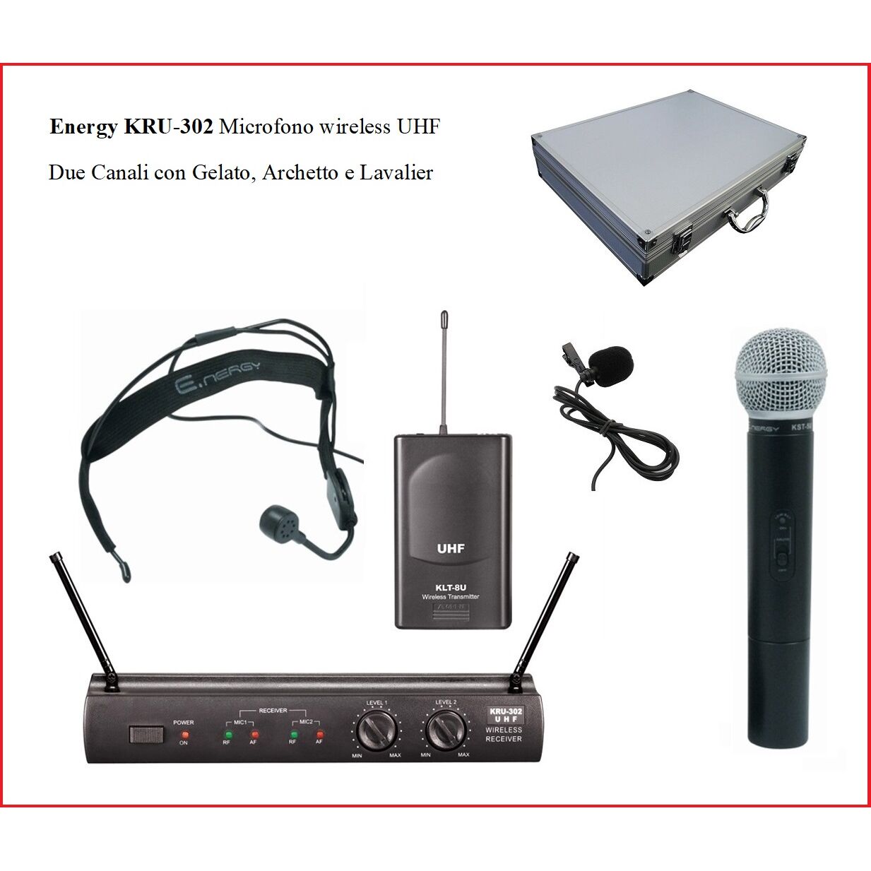 Energy KRU-302 Microfono wireless UHF due canali con gelato, archetto e  Lavalier + Custodia Rigida